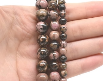 Natural Rhodonite beads, 6mm 8mm 10mm round rhodonite black vein beads, smooth black pink gemstone, round loose beads full strand, RDN21X0