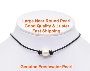 Leather pearl choker, pearl necklace, floating pearl necklace, single pearl choker necklace, large real pearl 11mm near round pearl F2995-WN