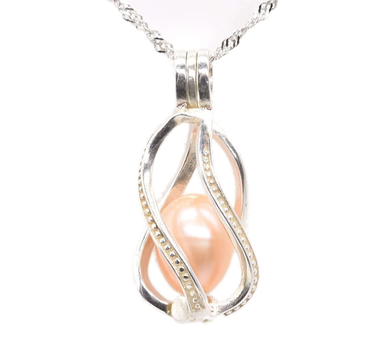 925 sterling silver pearl pendant, white freshwater pearls, helix cage pearl pendant, genuine pearl pendant for necklace,7-8mm, F2241-P Pink