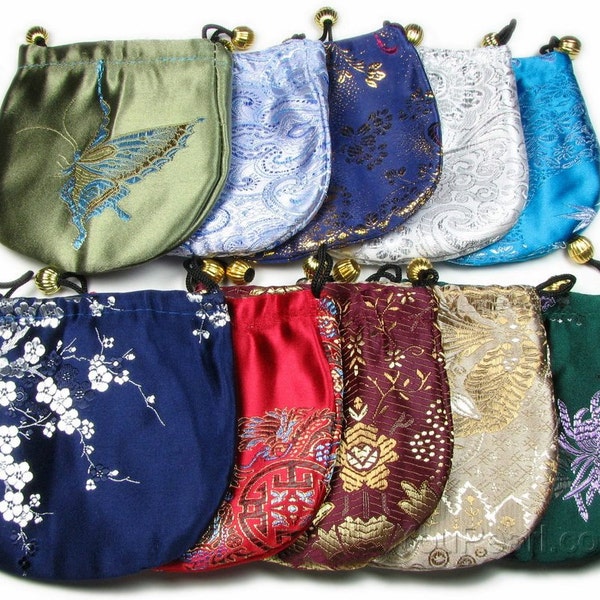 Pochette à bijoux ronde en soie, sac cadeau à motifs satinés, pochette cadeau à cordon de serrage de couleur mixte, sac à bijoux de mariage, taille 11cm ou 13cm, JB202X