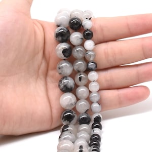Black rutilated quartz, natural 6mm 8mm 10mm round bead, black rutile quartz crystal semi precious gemstone loose bead string, BRQ20X0