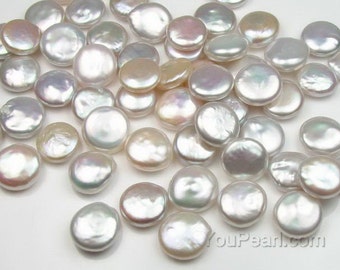 AA 12-15mm coin pearls, natural white freshwater pearls, loose cultured pearls, undrilled no hole, half drilled pearl beads supply, FLC500-W