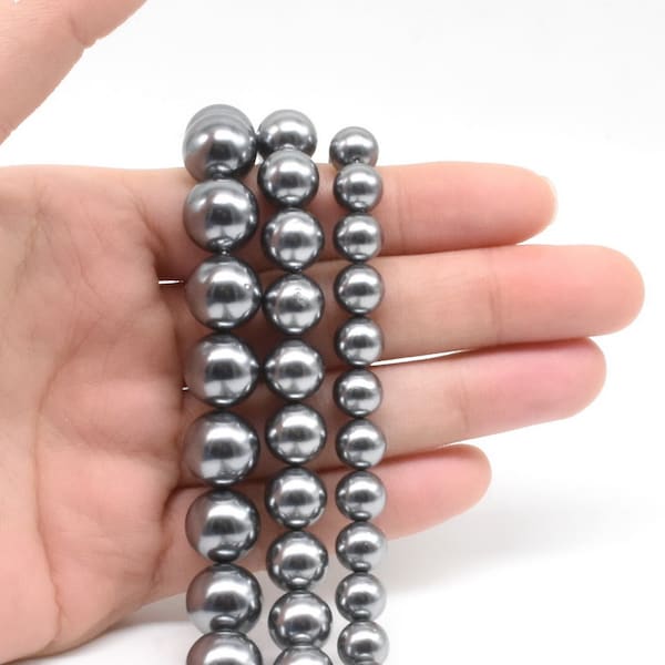 Shell pearl beads, dark gray round shell pearls, A grade 6mm 8mm 10mm 12mm 14mm grey pearl, smooth shell pearl loose beads on sale, SPR-AS
