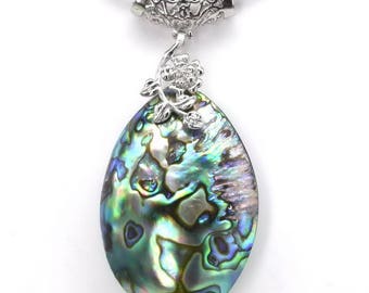 Abalone shell pendant, big oval paua shell pendant with flower branch, natural shell pendant, abalone necklace, abalone jewelry, SH1330-AP
