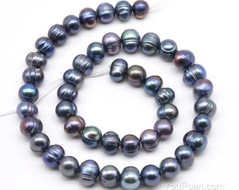 8-9mm peacock black pearls, up to 2.5mm large hole pearls, baroque ringed, genuine freshwater pearl beads, full strand, FQ700-XS