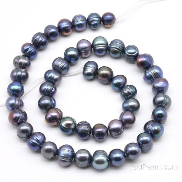 Perles noires de paon de 8-9 mm, perles de grand trou jusqu'à 2,5 mm, bagues baroques, véritables perles de perles d'eau douce, brin complet, FQ700-XS