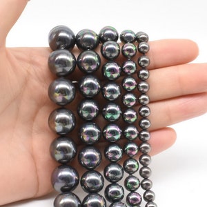 Glossy black shell pearls, 6mm 8mm 10mm 12mm 14mm grade A glossy rainbow shell pearl, perfect round loose beads luster pearl strand SPR-BS-C