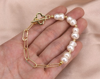 Pulsera de perlas gemelas, pulsera de perlas barrocas genuinas, pulsera de perlas reales en forma de 8, pulsera de perlas de agua dulce para damas de honor, F3555-WGB
