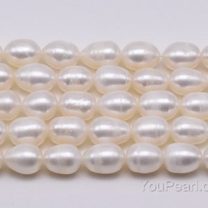 9-10mm freshwater loose pearl beads, large hole rice pearl strands wholesale, leather pearls craft supplies, natural oval pearls, FM650-WS image 3