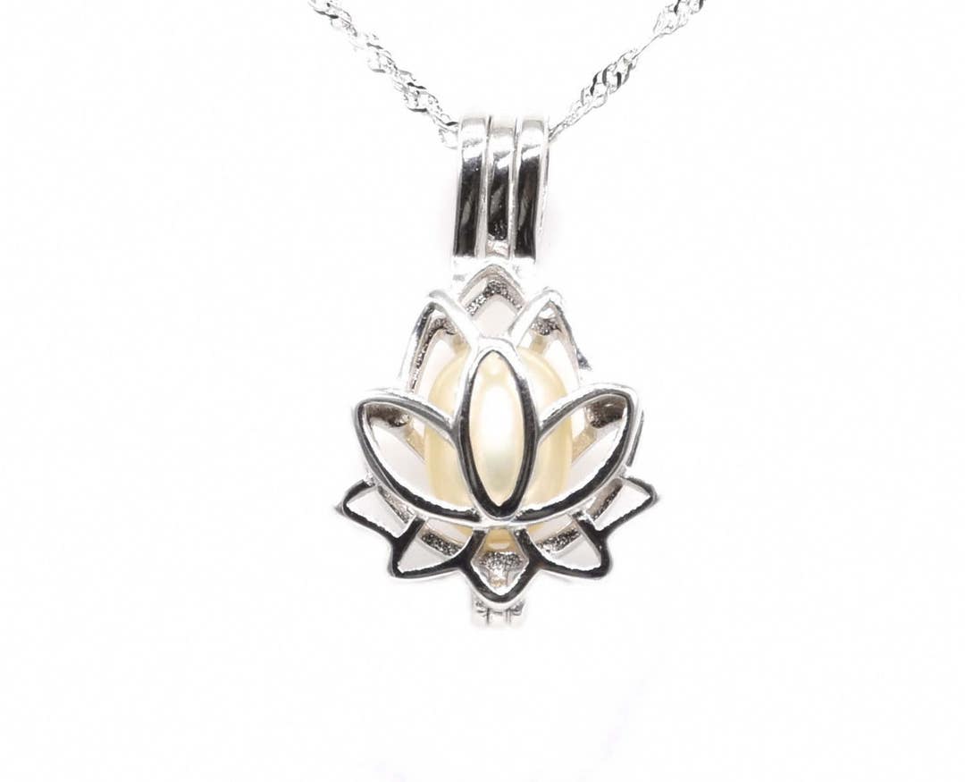  Lotus and freshwater pearl cage necklace in silver stainless  steel-hypoallergenic for sensitive skin, Handmade in Hawaii Beach Jewelry :  Handmade Products