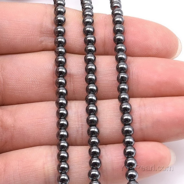 Perles d’hématite noires, rondes lisses 2mm 3mm 4mm 6mm 8mm 10mm 12mm perles noires, petites et grandes perles de pierres précieuses d’hématite, full strand HMT20X0