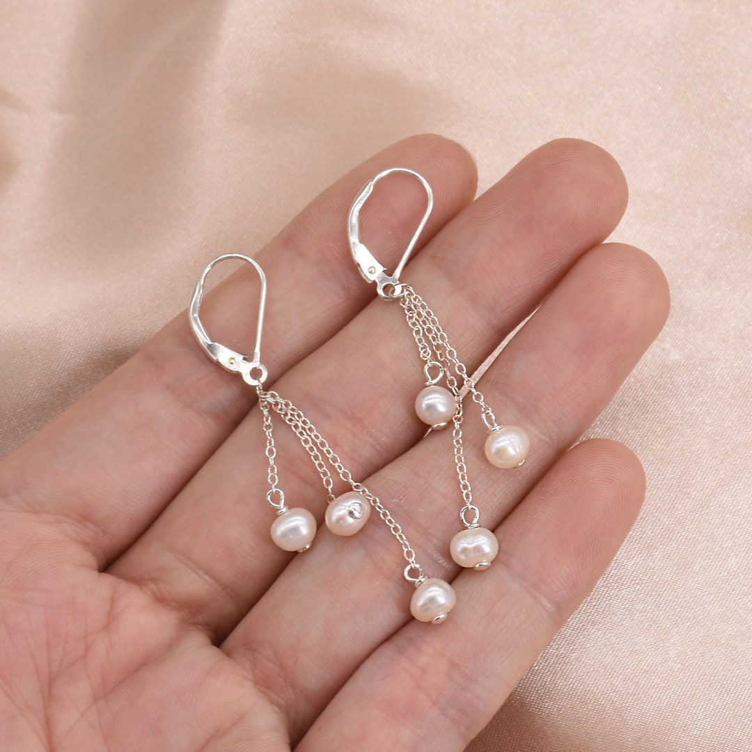 Pearl Earrings, Triple Seed Pearl Dangling Earrings, Sterling Silver