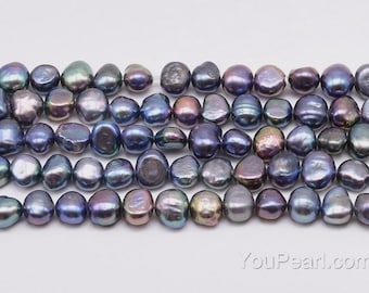 Baroque black 7-8mm nugget pearl beads, genuine freshwater pearl, cultured peacock color lustrous pearl strand supply, FN400-XS