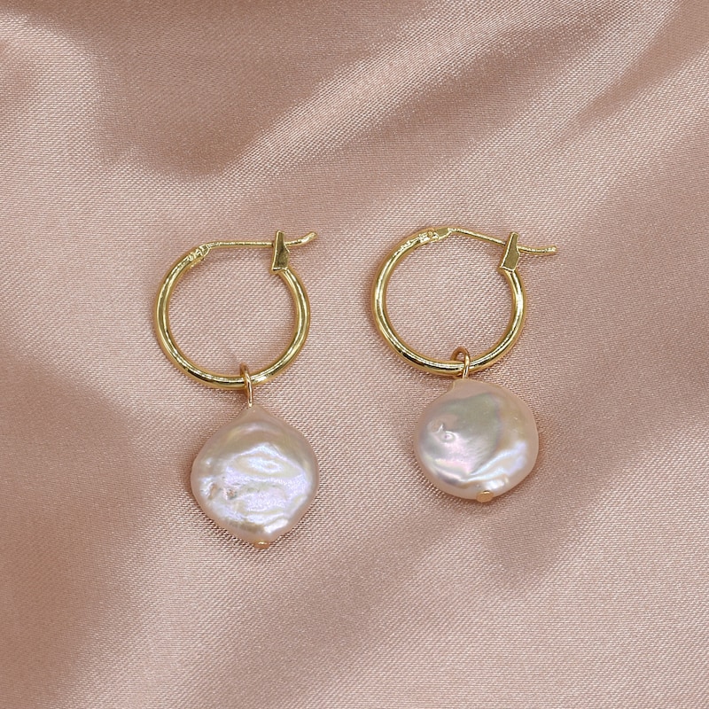 Indah Green Pearl Huggie Earrings – Gold Filled Baroque Coin Pearl Hoops