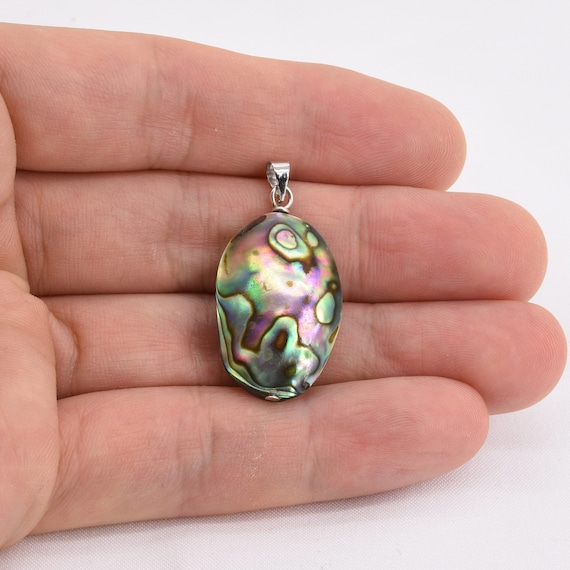 Abalone Shell Pendant, Shell Charm, 925 Sterling Silver Oval Shell Pendant, Colorful Paua Shell Necklace Sea Shell Jewelry 20x30mm ABA2010-P