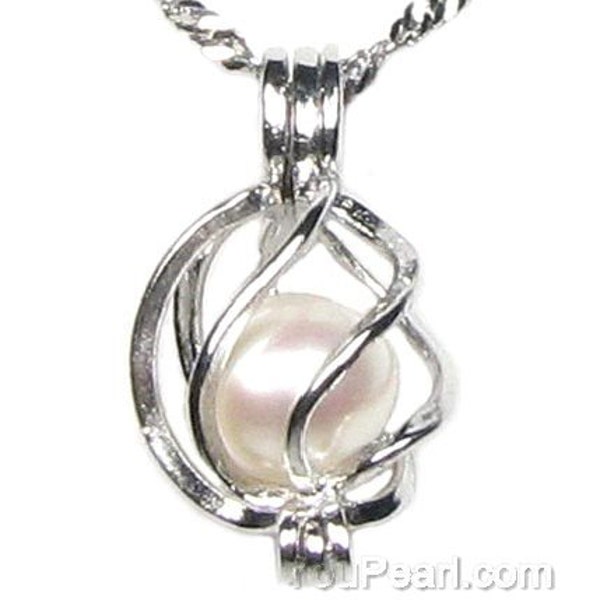 Wish pearl cage pendant, 925 sterling silver cage freshwater pearl necklace, natural pearl charm pendant, pearl twist cage, 7-8mm, F1990-P