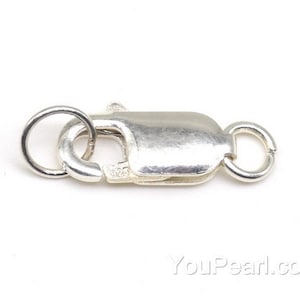 May include: Silver lobster clasp with a round ring on one end and a smaller ring on the other end.