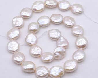 Perle D'Acqua Dolce Naturali Bianche 13-14 Mm A Forma Di Moneta - 15 Pezzi Sciolti