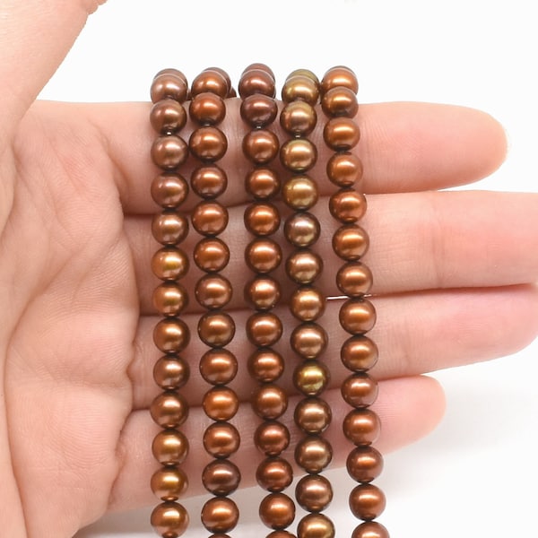 Brown pearls, AA+ 6-7mm near round coffee fresh water pearls, thick nacre pearl beads, full strand, genuine freshwater pearl, FR270-FS