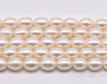 Perlas ovaladas blancas AA, perlas de agua dulce de alta calidad de 8-9 mm, perlas finas naturales en tira completa, perlas con orificio grande disponibles, FM620-XS
