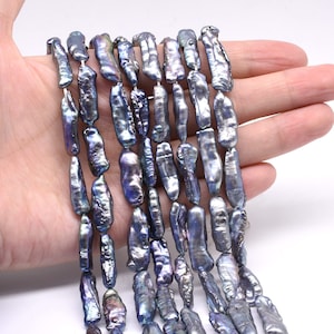 Biwa pearl, 7x20mm long drilled stick pearls, peacock black Biwa freshwater pearl, real cultured pearl beads strand, high luster, FW400-BS
