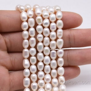 AA 5-5.5mm white rice fresh water pearl strands, genuine natural pearl beads, high quality luster, oval pearl egg shape beads, FM350-WS