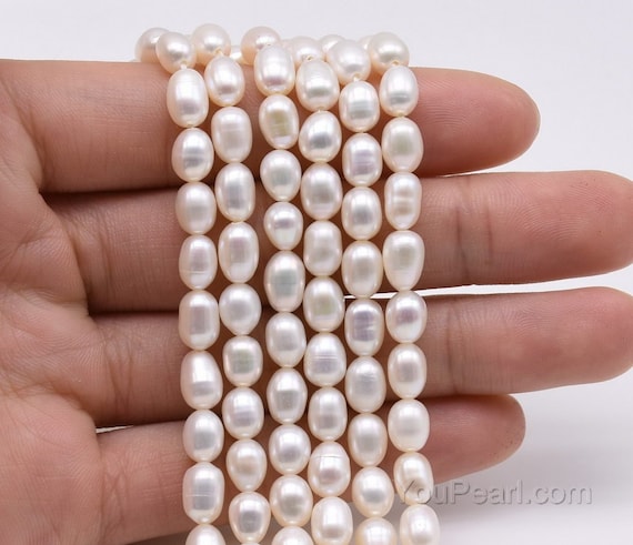 AA 5-5.5mm white rice fresh water pearl strands, genuine natural pearl beads, high quality luster, oval pearl egg shape beads, FM350-WS