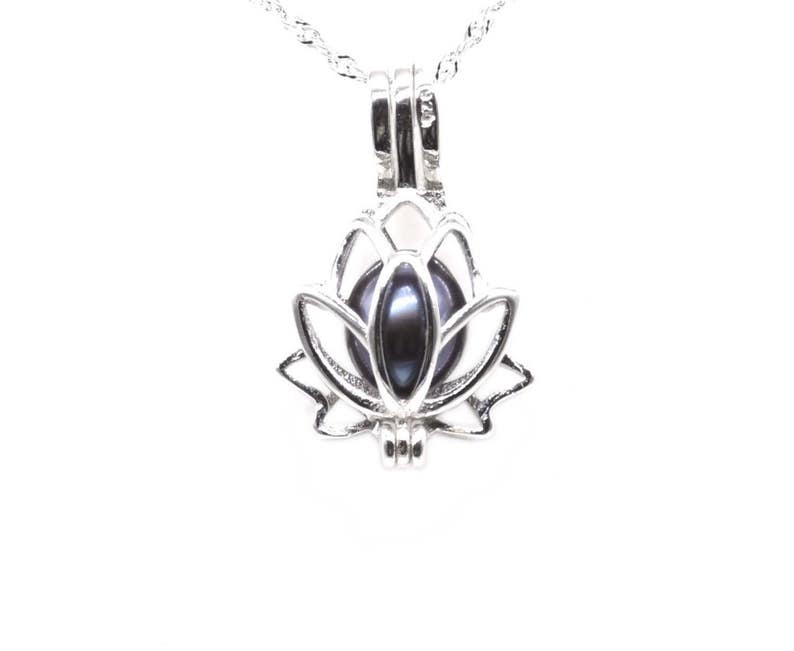 Pearl cage pendant, sterling silver pearl cage, lotus flower pearl cage necklace, wish pearl pendant, white real pearl charm, F3000-P image 2