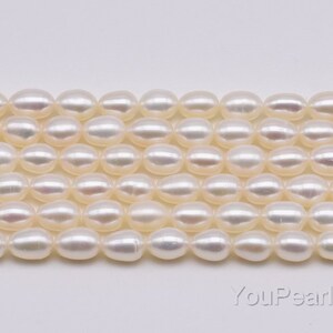 AA 5-5.5mm white rice fresh water pearl strands, genuine natural pearl beads, high quality luster, oval pearl egg shape beads, FM350-WS image 3