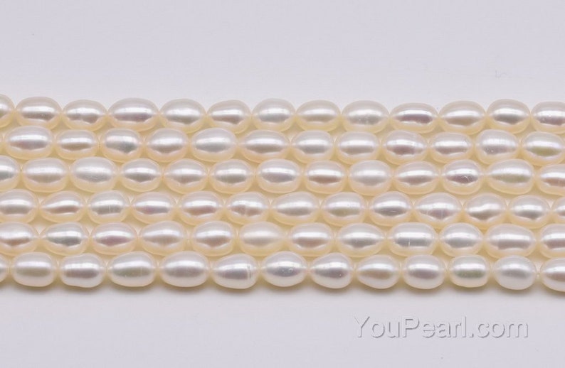AA 5-5.5mm white rice fresh water pearl strands, genuine natural pearl beads, high quality luster, oval pearl egg shape beads, FM350-WS image 3