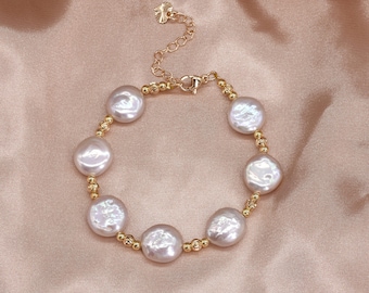 Pulsera de perla de moneda auténtica, pulsera de perlas genuinas, pulsera de perlas de agua dulce, pulsera de dama de honor, pulsera de perlas delicadas F3570-WGB
