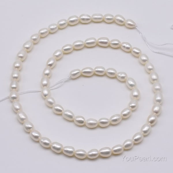 Cuentas de perlas en forma de lágrima de grado A, perla ovalada de arroz blanco de 4-5 mm, pequeñas perlas de agua dulce reales, hebra completa, suministros de perlas, FM300-XS