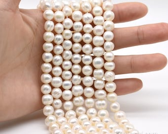 Perla blanca de agua dulce de 8-9 mm con anillo de patata, perforada con orificio grande de 0,7 mm a 2,5 mm, auténtica perla de agua dulce, hebra completa, FQ700-XS