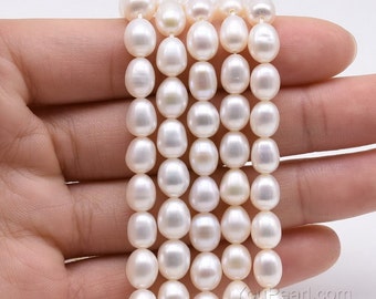 Rice pearl, 6-7mm freshwater loose pearls, tear drop pearl strand, genuine natural white color, high quality, full strand, FM450-XS