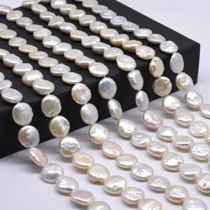 13-14mm coin pearls, genuine pearl coin bead string, lustrous natural flat round pearl, white freshwater pearl beads on sale, FC665-WS