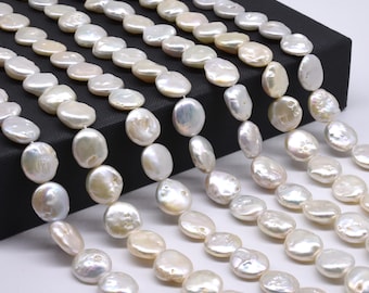 Perlas de moneda de 13-14 mm, hilo de perlas genuinas, perlas redondas planas naturales brillantes, perlas blancas de agua dulce en oferta, FC665-WS