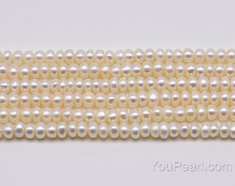 5-6mm freshwater pearls, real natural white button pearl beads, cultured pearl string wholesale, rondelle shape loose pearl beads, FB300-WS
