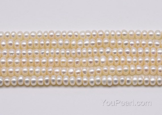 5-6mm Freshwater Pearls, Real Natural White Button Pearl Beads, Cultured Pearl  String Wholesale, Rondelle Shape Loose Pearl Beads, FB300-WS 