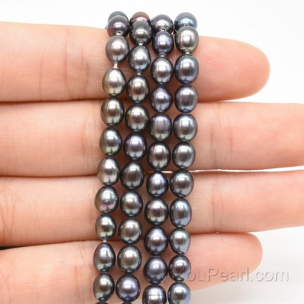 Peacock pearls, 5-6mm black rice pearls, loose genuine freshwater cultured drop pearls, small egg shape pearl beads, full strand, FM400-BS