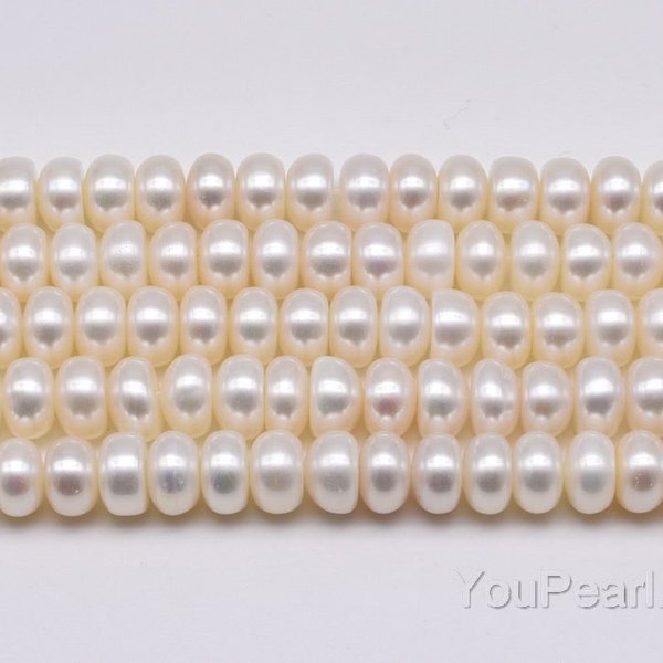 8-9mm white button pearls, real freshwater rondelle pearl beads, lustrous pearls, full pearl string on sale, large hole available, FB600-XS