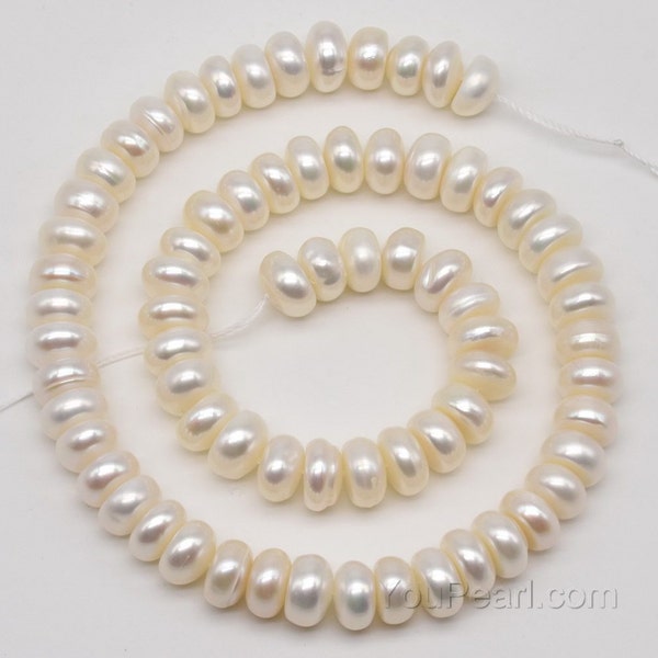 Bouton perle blanc 9-10 mm, perles rondelles sur rang, grosses perles de vraies perles, perles de culture d'eau douce, grand trou disponible FB730-WS