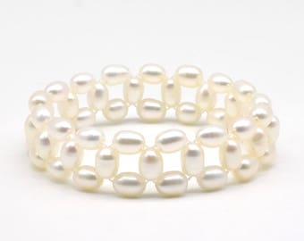 Pulsera de perlas blancas, pulsera elástica de perlas de agua dulce genuinas, pulsera de perlas hecha a mano, joyería de boda, perlas de arroz de 5-6 mm, F1570-XB