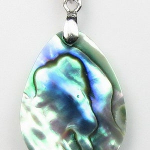 May include: A silver chain necklace with a teardrop-shaped abalone shell pendant. The shell has iridescent green, blue, and purple colours.