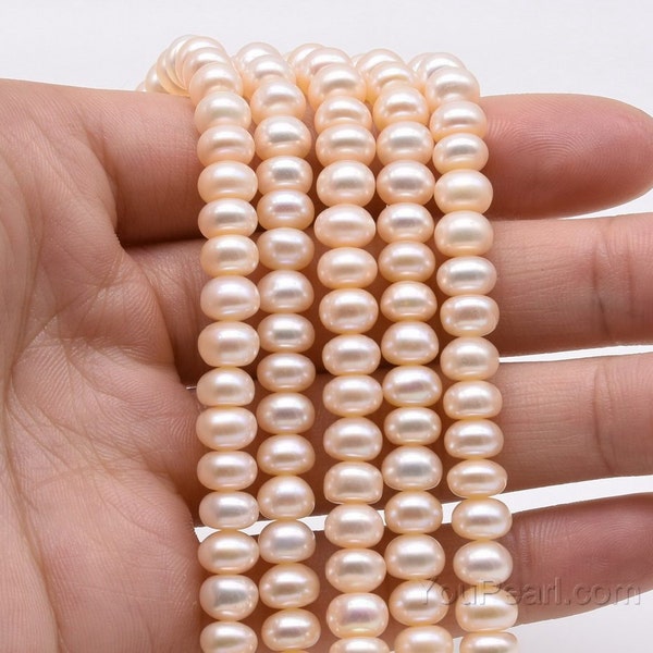 6-7mm button pearl, genuine pink natural fresh water loose rondelle pearl beaded strands for necklace or bracelet, ladies jewelry, FB400-XS