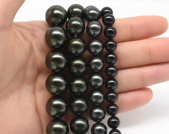 Peacock black shell pearl, 6mm 8mm 10mm 12mm 14mm A grade round shell pearls, perfect round black pearl beads for jewelry making, SPR-BS