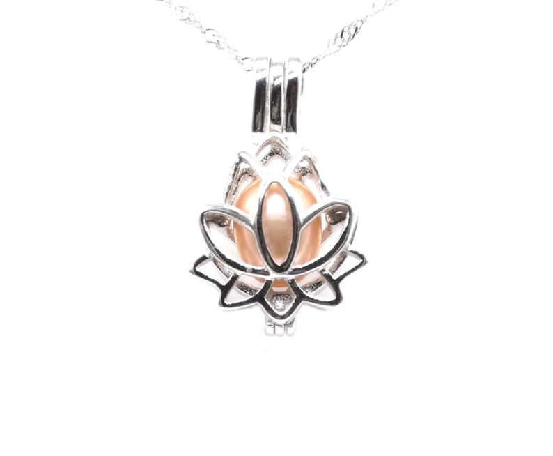 Pearl cage pendant, sterling silver pearl cage, lotus flower pearl cage necklace, wish pearl pendant, white real pearl charm, F3000-P image 3