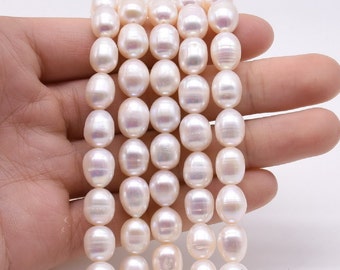 Large hole leather pearls, white rice fresh water pearls large 8-9mm pearl beads bulk, oval shape pearl, loose jewelry making, FM600-XS