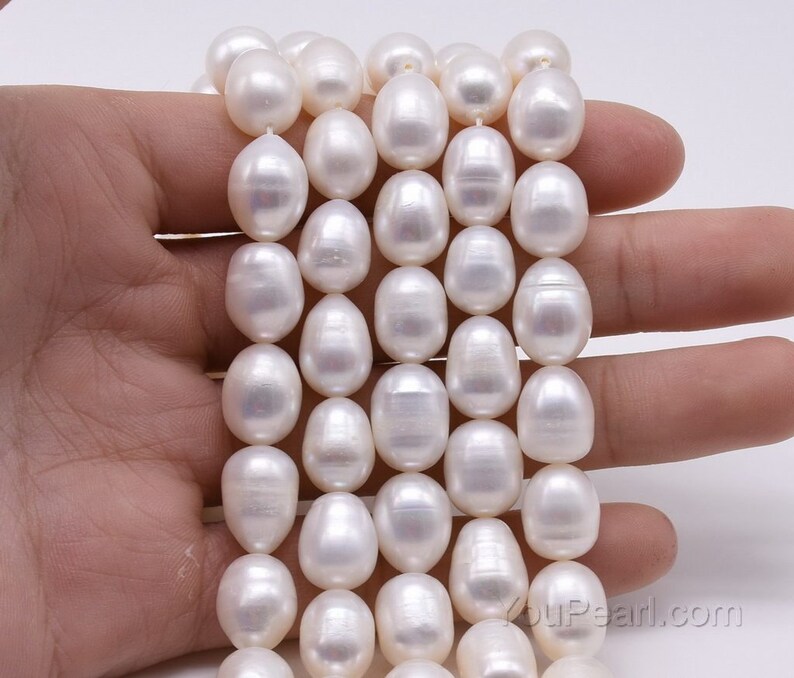 9-10mm freshwater loose pearl beads, large hole rice pearl strands wholesale, leather pearls craft supplies, natural oval pearls, FM650-WS image 2