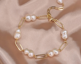 Pulsera de perlas barrocas gemelas, pulsera de perlas reales en forma de 8, pulsera de perlas barrocas gemelas genuinas, pulseras de perlas para dama de honor, F3565-WGB
