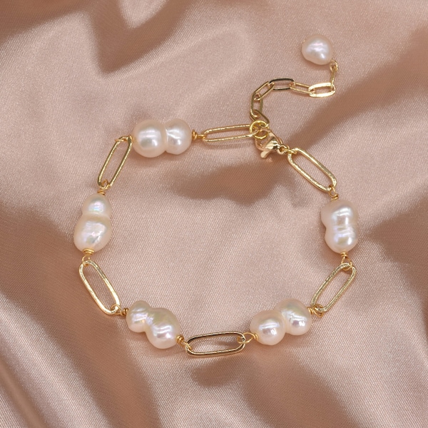 Twin Baroque Pearl bracelet, Real Figure 8 Pearl Beaded Bracelet, Genuine Baroque Twin Pearl Bracelet, Pearl Bridesmaid Bracelets, F3565-WGB